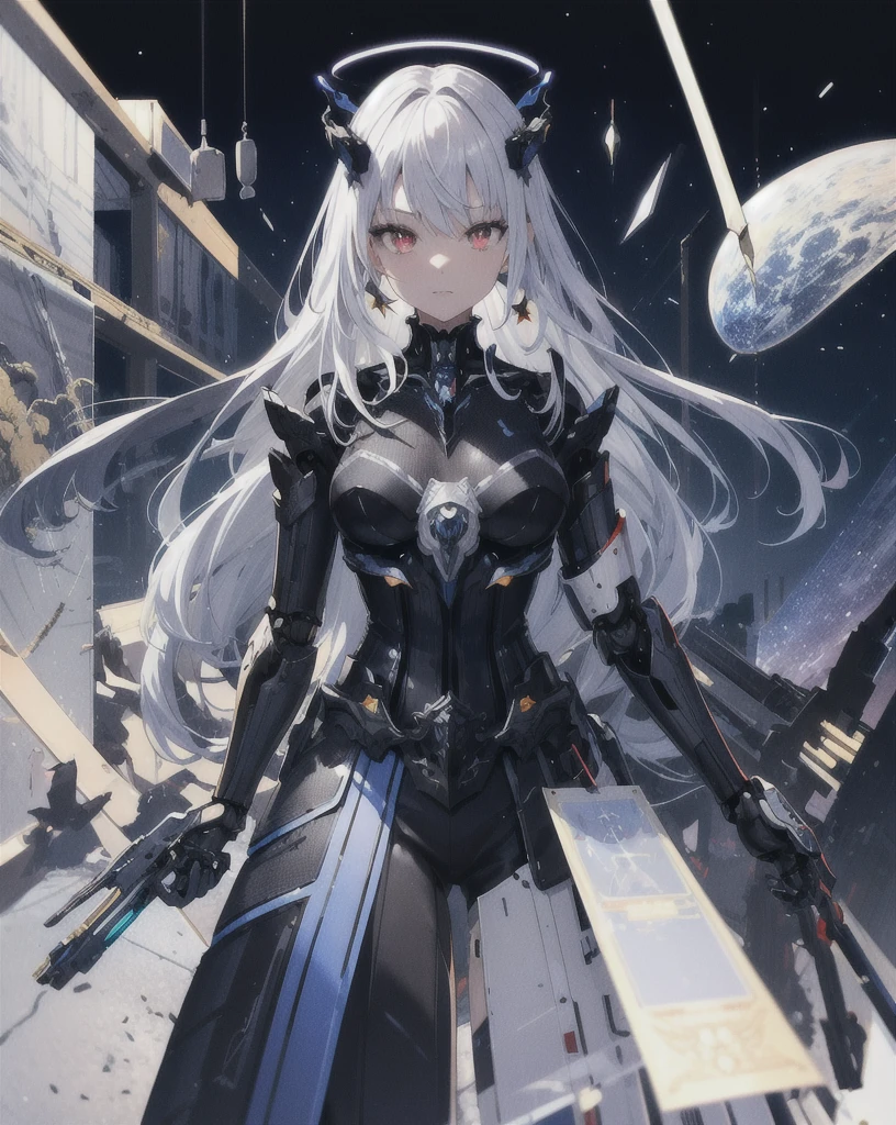 masterpiece,Highest quality,Super detailed,Very detailedイラスト,Very detailed,Intricate details,High resolution,Very intricate details,Very detailed 8k cg wallpaper,Cowboy Shot, Caustics,reflection,Ray Tracing,Devil Theme,nebula,Dark aura,Cyber Effects, (One girl:1.4),alone,alone,mecha musume,Machinery Parts, Robot Joints,Single Mechanical Arm, headgear, Mechanical halo,Star Hello,An intricate mechanical body suit, Mecha Corset, kimono, Full Armor, Very long hair,Gray Hair, Hair between the eyes, Multicolored Hair, Inner hair color, Red eyes,Glowing Eyes,Eye Tracking, Random Expressions,Random Action, Ancient Japanese architecture,Pool, Starry Sky,Skyline,