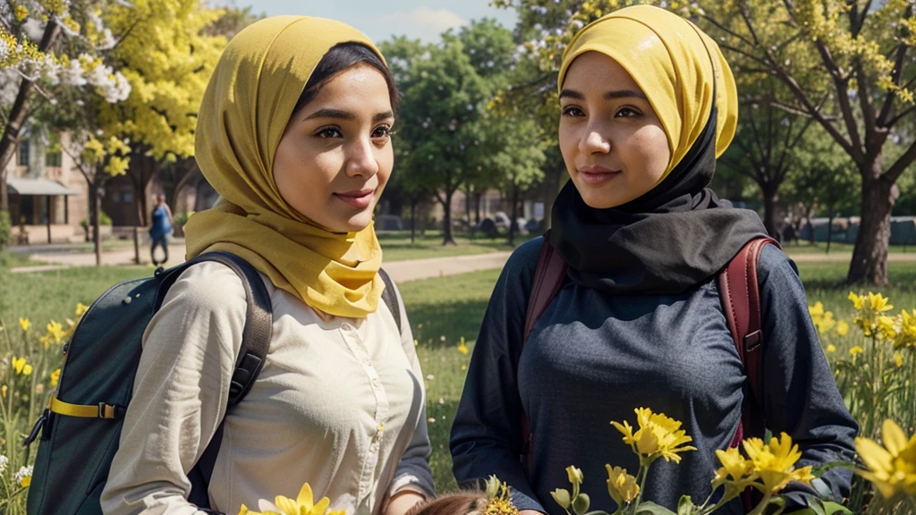 A warm and joyful scene of a Muslim family enjoying a picnic in a beautiful park. The parents, dressed in modest clothing, sit on a blanket, laughing and talking, while their children play nearby with a frisbee and a kite. The mother wears a hijab, and the father and children are dressed in casual yet modest attire. The sun is shining, and the park is filled with vibrant flowers and green trees. The family's expressions are full of happiness and love, capturing a perfect moment of togetherness. The lighting is bright and cheerful, emphasizing the harmony and joy of the scene. Epic details, hyper detail, 8k, ultra sharp, UHD.
