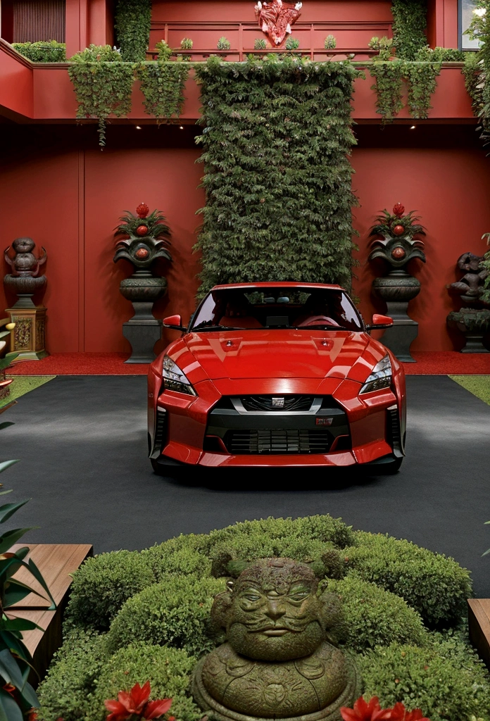 a extravagant showroom with a red Nissan skyline GT car, with intricate carvings and intricate details, surrounded by the lush greenery of the landscape, modern, luxurious and exuberant red mansion. red flowers vegetation.