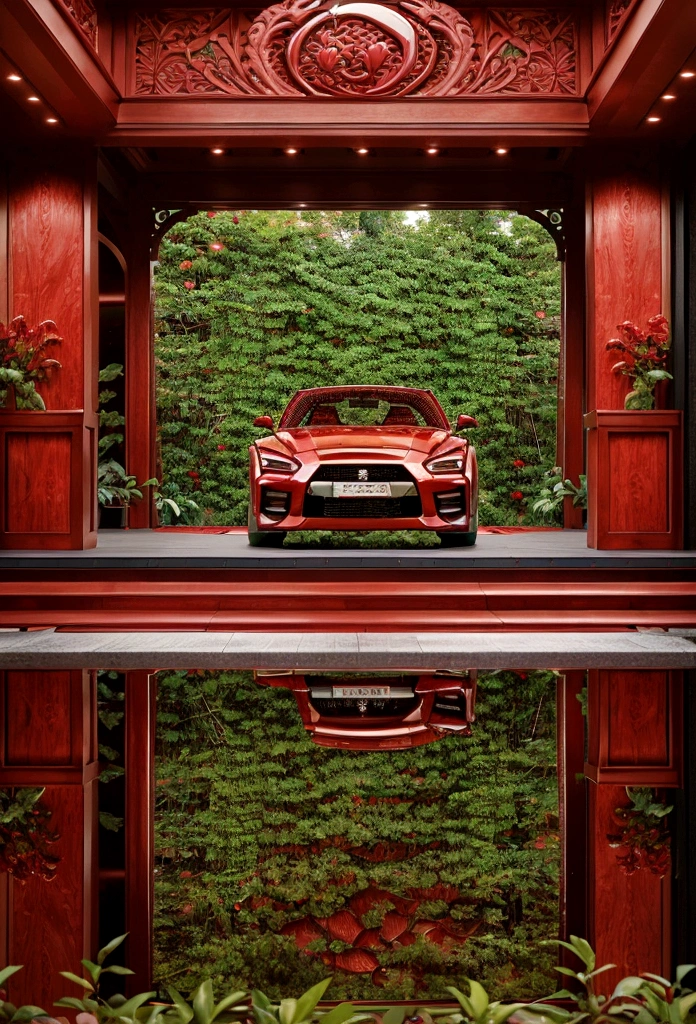 a extravagant showroom with a red Nissan skyline GT car, with intricate carvings and intricate details, surrounded by the lush greenery of the landscape, modern, luxurious and exuberant red mansion. red flowers vegetation.