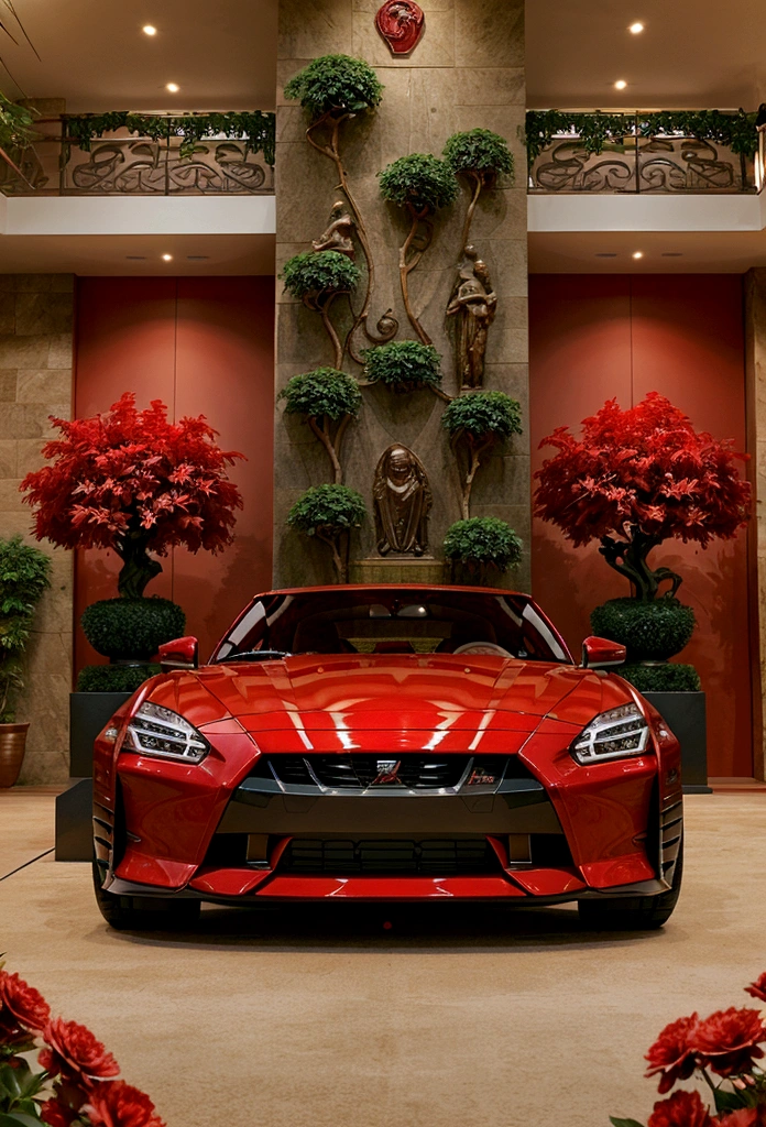 a extravagant showroom with a red Nissan skyline GT car, with intricate carvings and intricate details, surrounded by the lush greenery of the landscape, modern, luxurious and exuberant red mansion. red flowers vegetation.