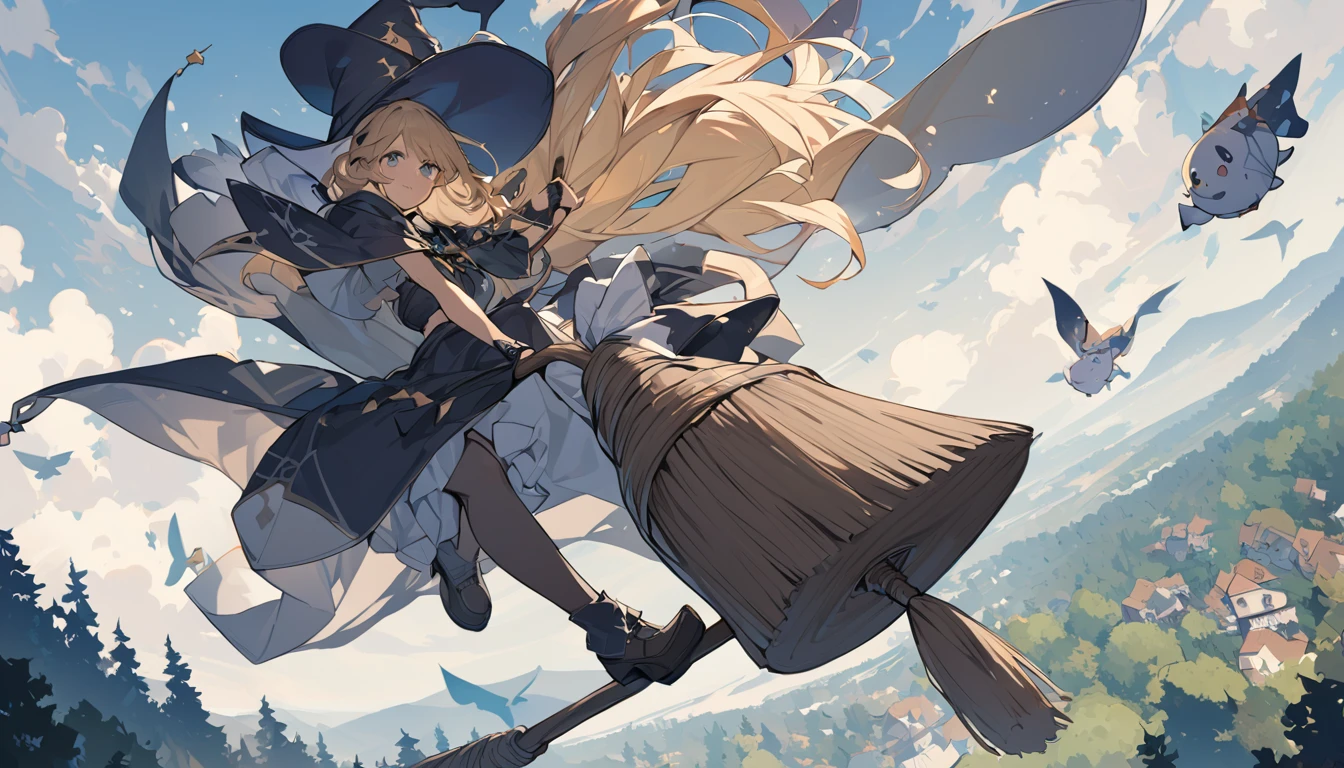 Woman flying in the air astride a broom,witch,Blonde,Below you can see houses, forests, and the sea.