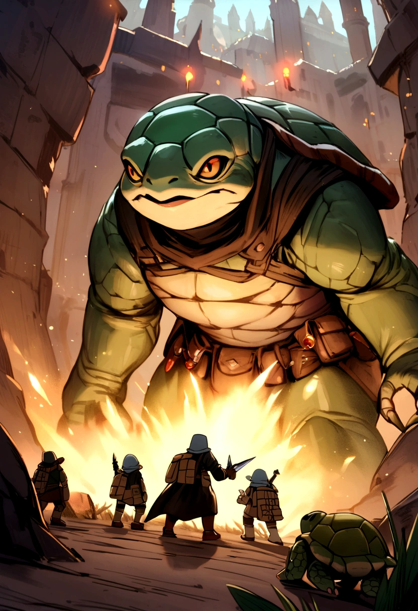 Friendly humanoid turtle monster with a black coat and a utility belt with potions and two daggers, Tortle, RPG, D&D