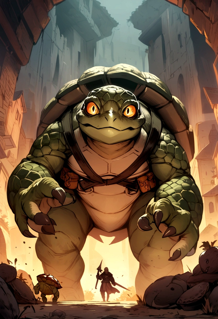 Friendly humanoid turtle monster with a black coat and a utility belt with potions and two daggers, Tortle, RPG, D&D