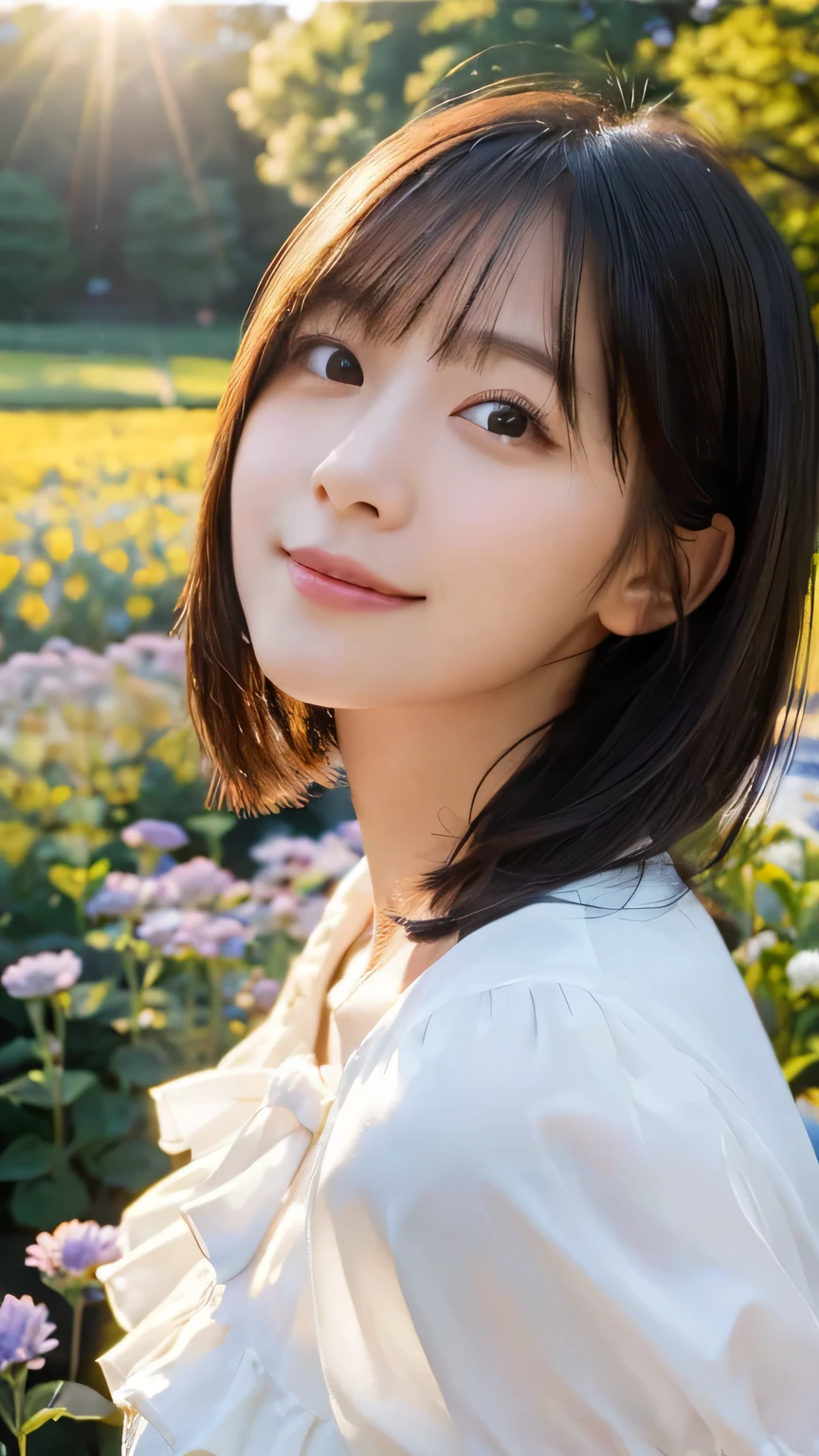 (Highest quality,masterpiece:1.3,Ultra-high resolution),(Very detailed,Caustics,8K),(Realistic:1.4,RAW shooting),(Girl lying in a flower field),18-year-old,cute,Japanese,Black Short Hair,Smiling and looking up at the camera,White blouse,(big ),Bust up shot,(High position),(High Angle),Face Focus,Face close-up,Bright light,Natural light,Professional Writing