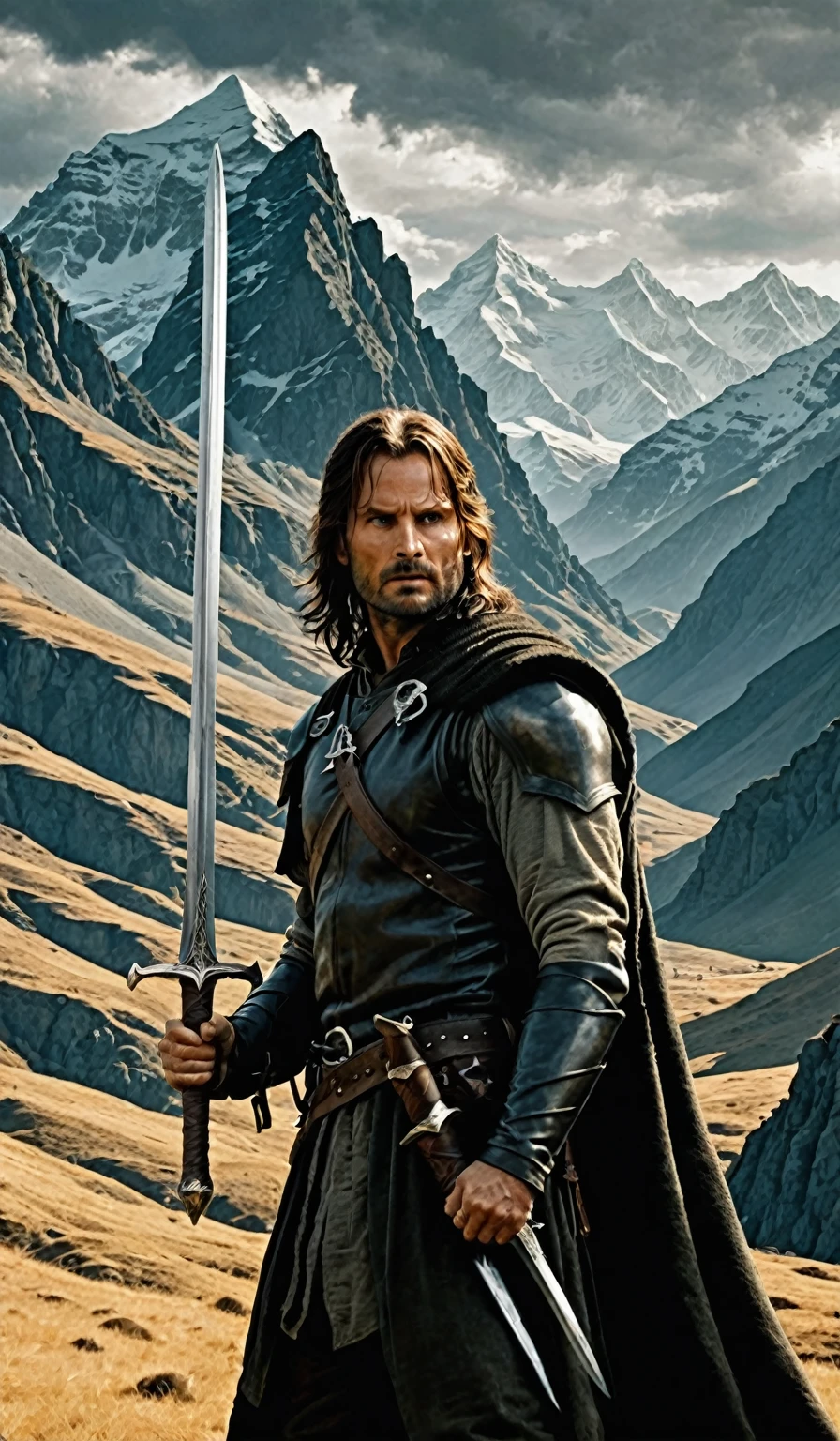 aragorn from the lords of the rings in front of a mountain, with his sword Andúril