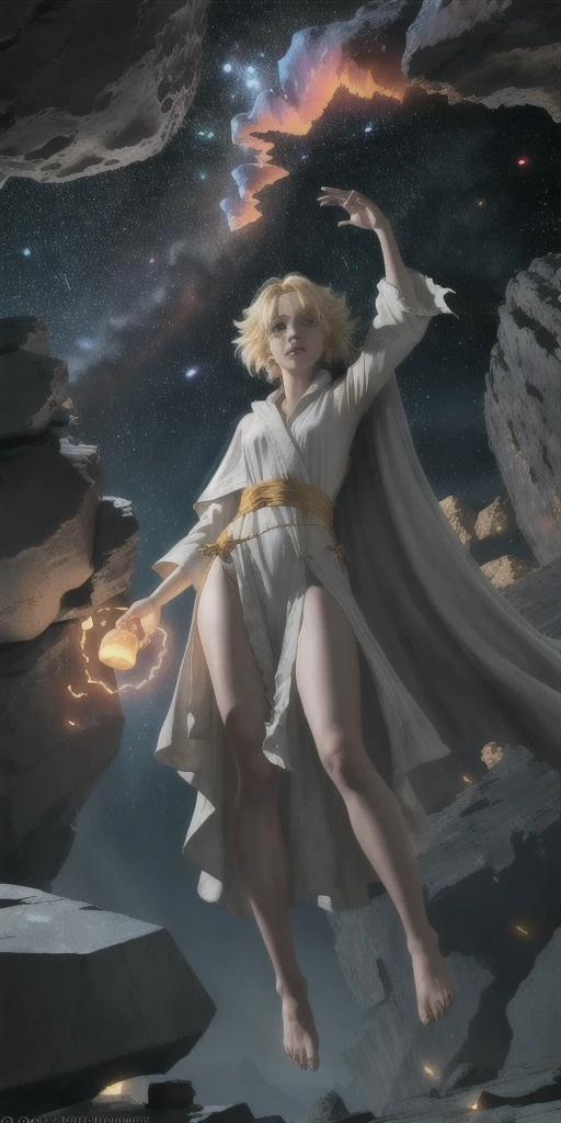female barefoot summoner levitating with blonde hair robes and cape arms lifted up over a broken earth bright lava light from below asteroid field (jagged rocks boulders and debris shooting into the air:1.3) (windy dust debris storm:1.1) volumetric fog mist ray tracing z pass bright light from below, (masterpiece) (best quality) (detailed) (8k) (cinematic lighting) (sharp focus) (intricate)