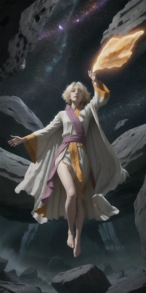 female barefoot summoner levitating with blonde hair robes and cape arms lifted up over a broken earth bright lava light from below asteroid field (jagged rocks boulders and debris shooting into the air:1.3) (windy dust debris storm:1.1) volumetric fog mist ray tracing z pass bright light from below, (masterpiece) (best quality) (detailed) (8k) (cinematic lighting) (sharp focus) (intricate)