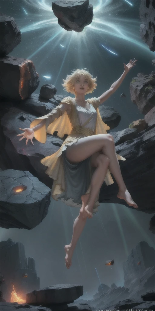 female barefoot summoner levitating with blonde hair robes and cape arms lifted up over a broken earth bright lava light from below asteroid field (jagged rocks boulders and debris shooting into the air:1.3) (windy dust debris storm:1.1) volumetric fog mist ray tracing z pass bright light from below, (masterpiece) (best quality) (detailed) (8k) (cinematic lighting) (sharp focus) (intricate)