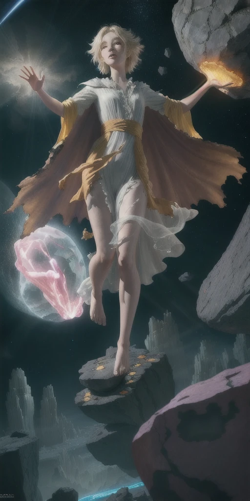 female barefoot summoner levitating with blonde hair robes and cape arms lifted up over a broken earth bright lava light from below asteroid field (jagged rocks boulders and debris shooting into the air:1.3) (windy dust debris storm:1.1) volumetric fog mist ray tracing z pass bright light from below, (masterpiece) (best quality) (detailed) (8k) (cinematic lighting) (sharp focus) (intricate)