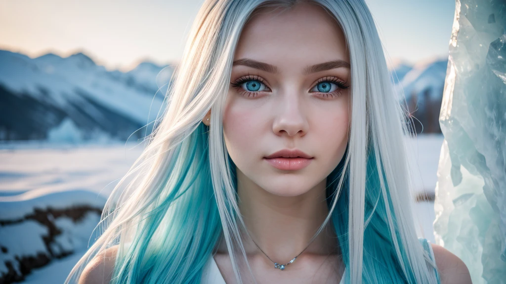 A beautiful young Russian girl with long ice-colored hair and ice-white skin, attractive, high detail in the background