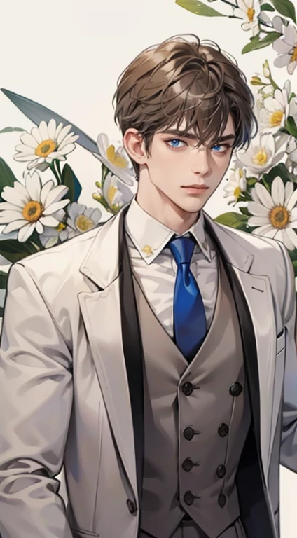 ((masterpiece)),(((best quality))), (detailed light) (detailed shadow), (high quality, breathtaking),(expressive eyes, perfect face), 1man, solo, male, tall, (mature), board shoulder, muscular, short grey brown hair, side swep bangs, blue eyes, smiling, white suit, white tie, daisy flower background, flower petal flying, windy, look at viewer, one ear earing.