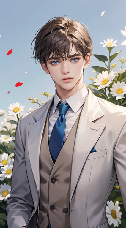 ((masterpiece)),(((best quality))), (detailed light) (detailed shadow), (high quality, breathtaking),(expressive eyes, perfect face), 1man, solo, male, tall, (mature), board shoulder, muscular, short grey brown hair, side swep bangs, blue eyes, smiling, white suit, white tie, daisy flower background, flower petal flying, windy, look at viewer, one ear earing.