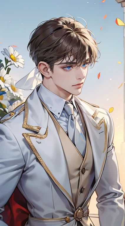 ((masterpiece)),(((best quality))), (detailed light) (detailed shadow), (high quality, breathtaking),(expressive eyes, perfect face), 1man, solo, male, tall, (mature), board shoulder, muscular, short grey brown hair, side swep bangs, blue eyes, smiling, white suit, white tie, daisy flower background, flower petal flying, windy, look at viewer, one ear earing.
