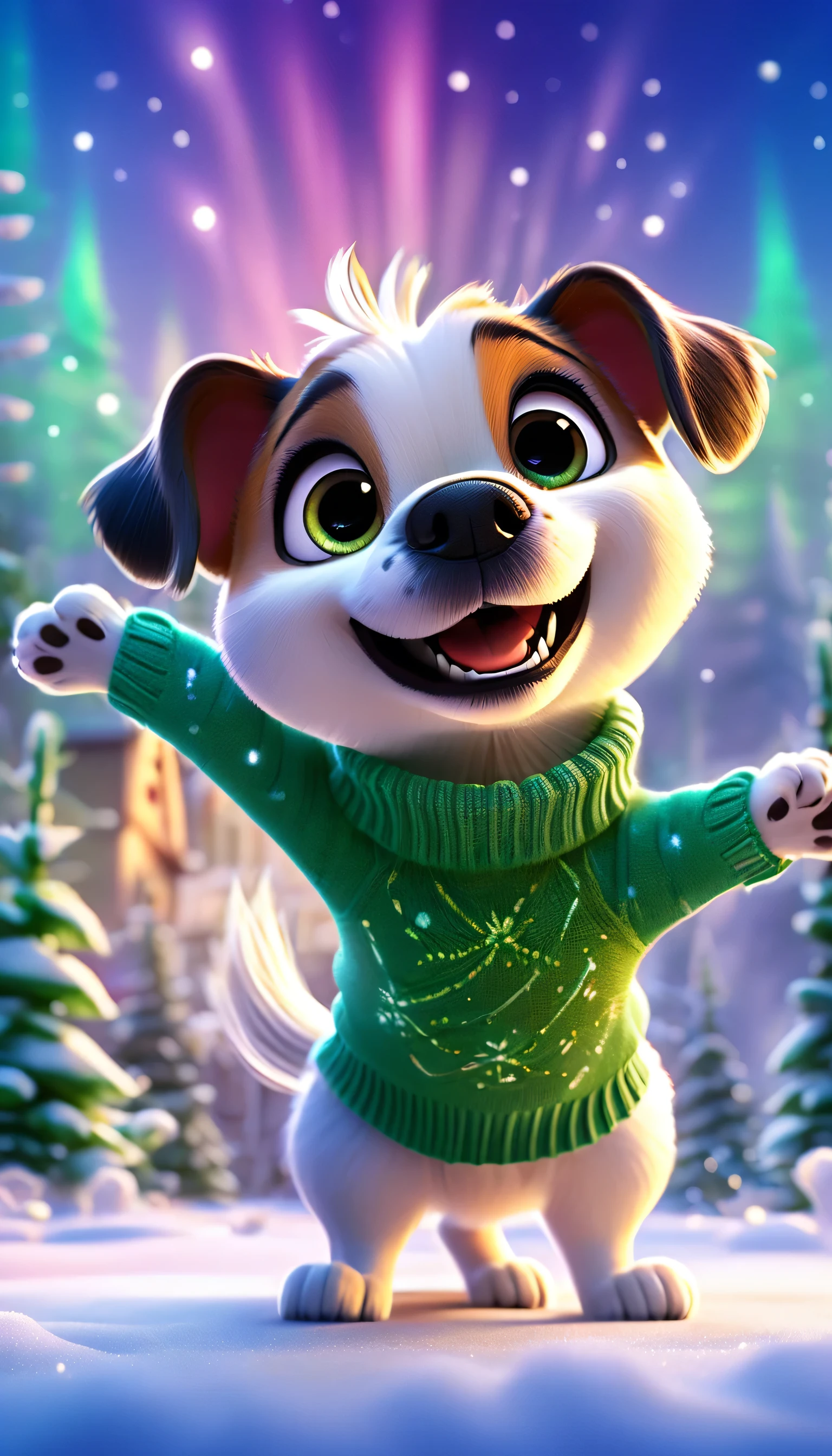 cute dog, cartoon, arms, sweater, cute eyes, looking at viewer, hands up, dog ears, effects background, aurora boreal