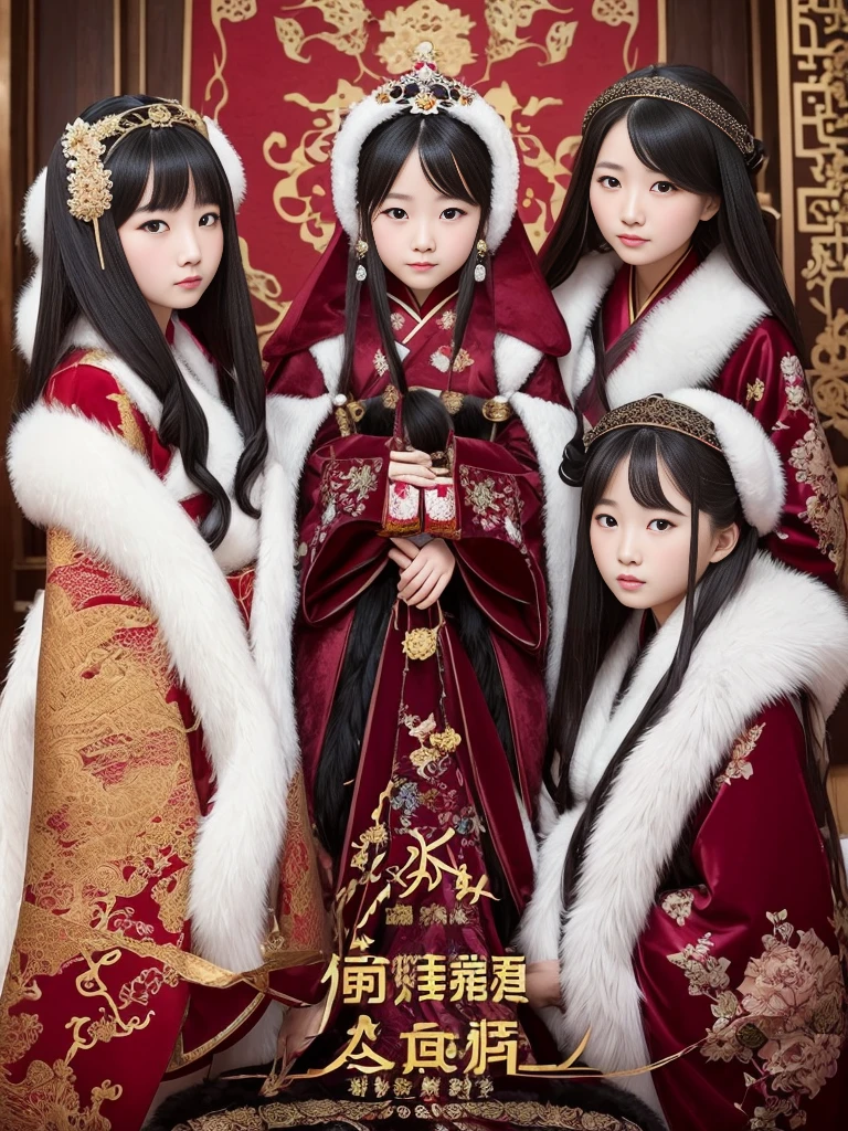 fluffyの毛皮。fluffy。Photos of Chinese royal women。chinese traditional costume。Surrounded by fair-skinned adult women。Women wearing fur dresses and veils covering their faces are lined up。Beautiful women in luxurious furs。The dark dungeon of an old stone castle。Fisheye Lens、Fur coat。Multiple women。