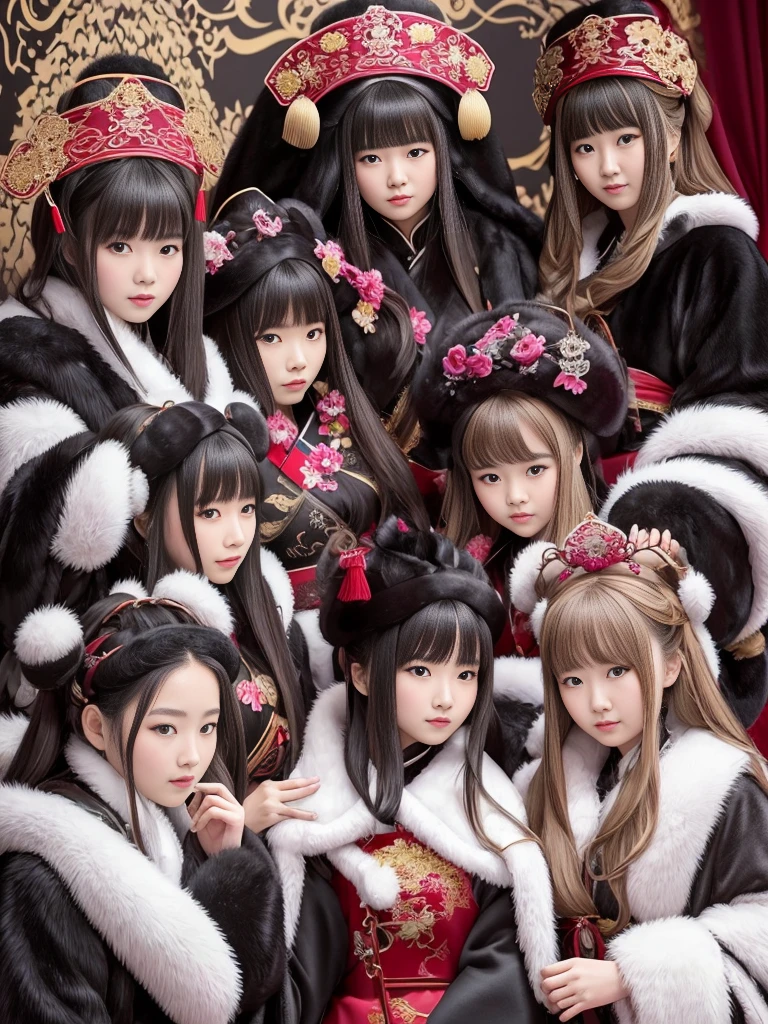 fluffyの毛皮。fluffy。Photos of Chinese royal women。chinese traditional costume。Surrounded by fair-skinned girls。Women wearing fur dresses and veils covering their faces are lined up。Beautiful women in luxurious furs。The dark dungeon of an old stone castle。Fisheye Lens、Fur coat。Multiple women。