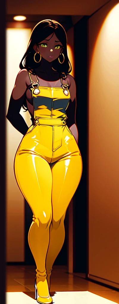 ((nude leggs)), masterpiece, best quality,1girl, ((young girl)), ((large round magical green eyes)), shiny skin, (thin waist), (red braid hair), ((curvy)), ((wide hips)), ((hoop earrings)), ((small size)) , ((( yellow overalls))), hot, soft natural lighting, reflections, bright illuminations, deep dark black skin, ((yellow outfit)), full body