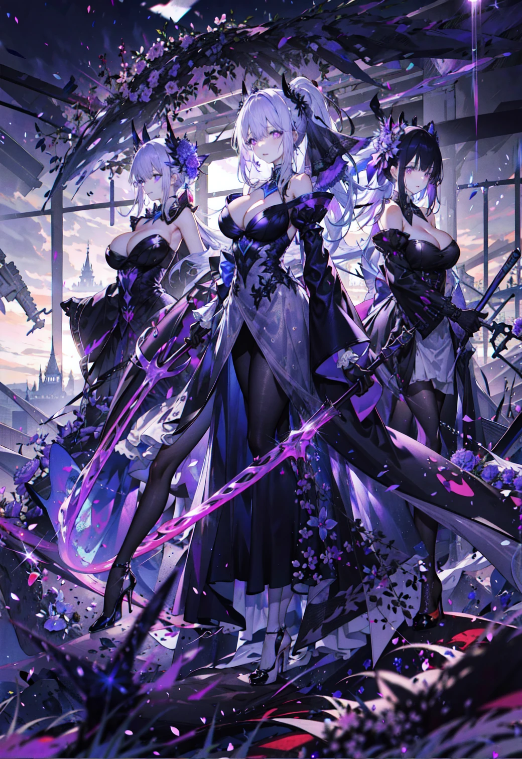((masterpiece:1.4,best quality)),(Super detailed),(Extremely detailed eyes),(Shiny socks:1.5),Hello Darkness
(Cute girls),,(Blood-red pupils,Diamond-shaped pupil:1.15),Purple Eyeshadow,(elongated hair,Thick hair,Single ponytail,shiny hair:1.5)(Changes through:1.2),despair,sad,Empty eyes,tears streaming down my face,tilting its head to the side,
(She wore a blue dress,:1.5),(Black gloves:1.4)Very long plush sleeves,White,White Cloud,Dream bubbles ,Ice and glitter effects
(Black long skirt:1.1),
((Starry Sky:1.2)),
(Intense black and white:1.16),(Depth of Field:1.4),,Intricate details,(((Detailed background,Castle in the Sky,Purple flowers by the lake))),(((Huge breasts,Bare breasts,Deep cleavage,White stiletto high heels,Transparent clothes)))