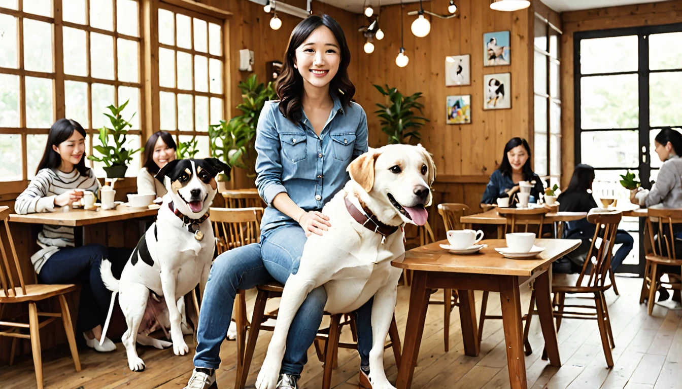 Pull out a chair at a table in the dog cafe、sit２０Woman in her 20s、Climb onto the woman&#39;s lap、A small brown dog curled up and sleeping on his lap、The breed is a toy poodle。The woman smiled.、Petting a toy poodle。
