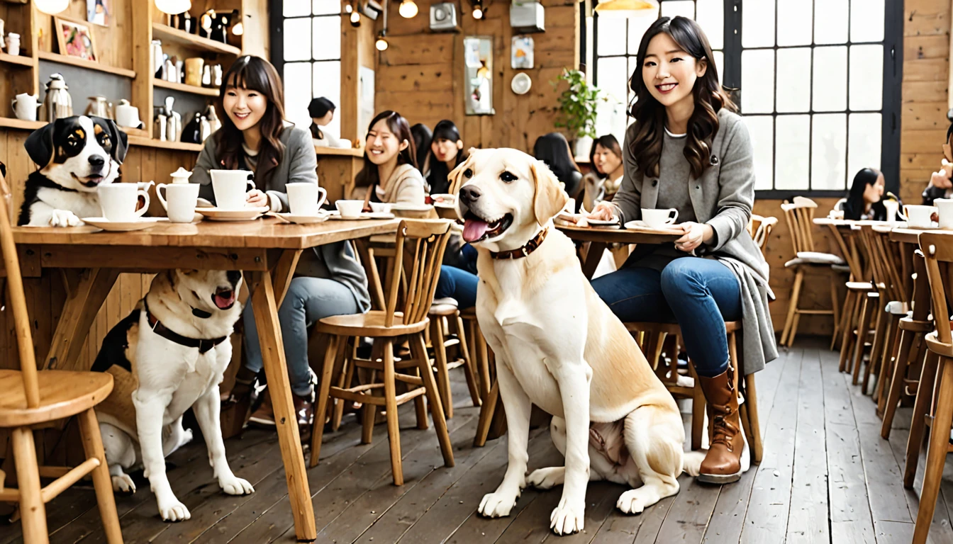 Pull out a chair at a table in the dog cafe、sit20Woman in her 20s、Climb onto the woman's lap、A small brown dog curled up and sleeping on his lap、The breed is a toy poodle。The woman smiled.、Petting a toy poodle。