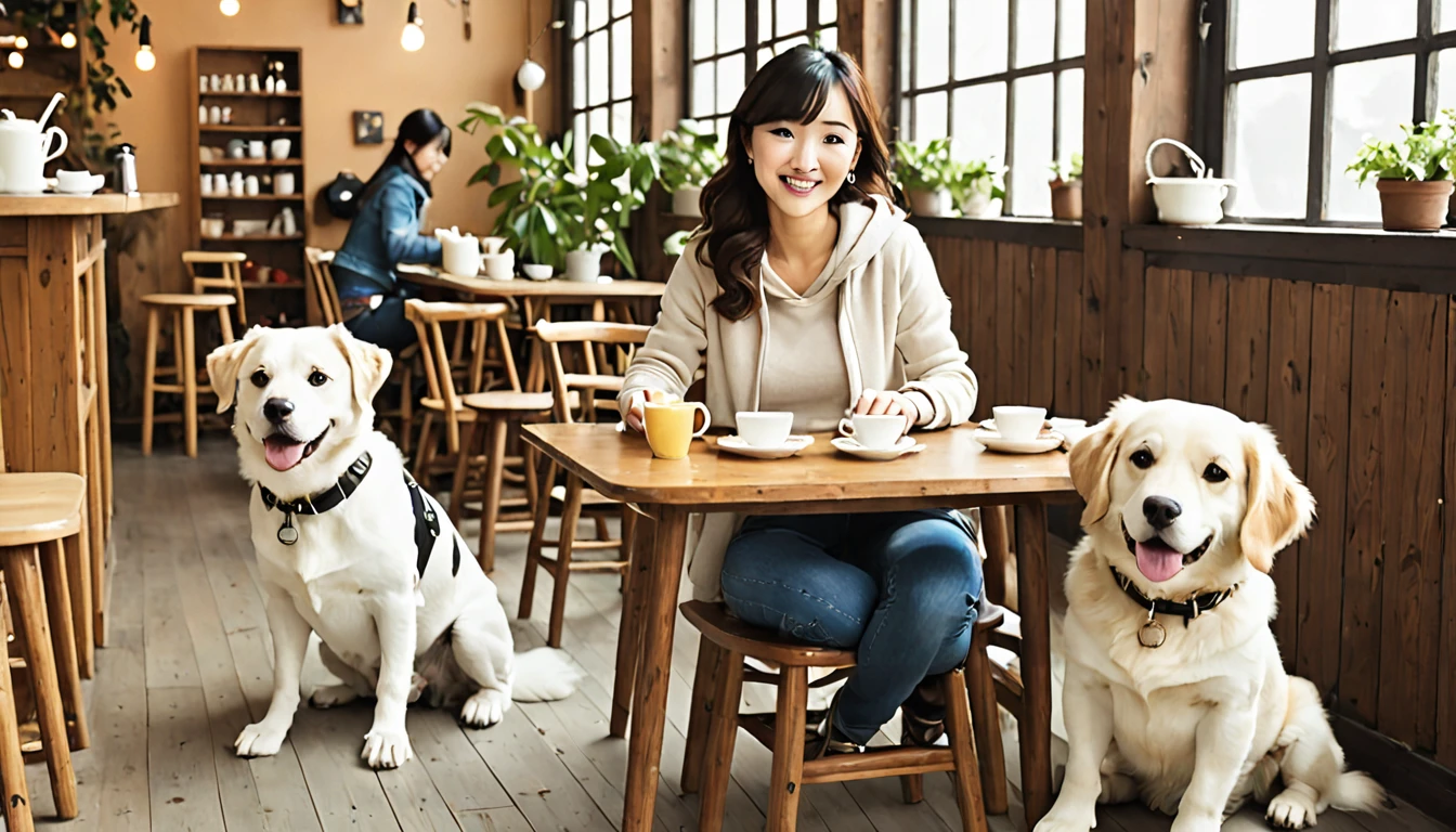 Pull out a chair at a table in the dog cafe、sit２０Woman in her 20s、Climb onto the woman&#39;s lap、A small brown dog curled up and sleeping on his lap、The breed is a toy poodle。The woman smiled.、Petting a toy poodle。
