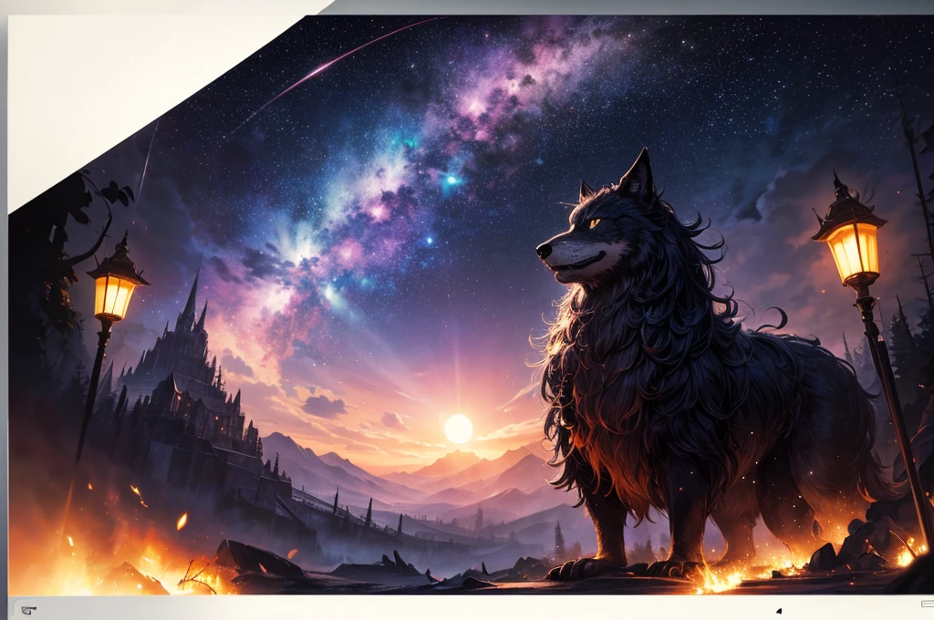 (Masterpiece),(Highest quality:1.4), (Highest Detailed:1.3),expansive landscape photograph, (a view from In the darkness of the night,A lone wolf roams with pride,Seeking power and might,For a kingdom to reside), (full moon:1.2), ( shooting stars:0.9), (nebula:1.3), distant mountain, tree BREAK production art, (warm light source:1.2), (Firefly:1.2), lamp, lot of purple and orange, intricate details, volumetric lighting, realism BREAK (masterpiece:1.2), (best quality), 4k, ultra-detailed, (dynamic composition:1.4), highly detailed, colorful details,( iridescent colors:1.2), (glowing lighting, atmospheric lighting), dreamy, magical, (solo:1.2)