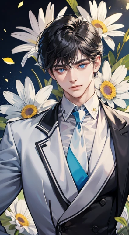 ((masterpiece)),(((best quality))), (detailed light) (detailed shadow), (high quality, breathtaking),(expressive eyes, perfect face), 1man, solo, male, tall, (mature), board shoulder, muscular, short grey black hair, side swep bangs, blue eyes, smiling, white suit, white tie, daisy flower background, flower petal flying, windy, look at viewer, one ear earing.