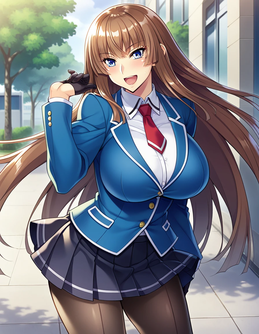 score_9, score_8_up, score_7_up, score_6_up, source_anime, game cg, aoi_nagisa_\(metalder\), BREAK solo, 1girl, koukawa asuka, brown hair, long hair, blue eyes, large eyes, bangs, side bangs, (huge breasts:0.8), medium body, BREAK school_uniform, blue jacket, white collared blouse, tight clothes, red long necktie, black gloves, black pleated skirt, black pantyhose, BREAK happy, open mouth, outside, street, cowboy shot,