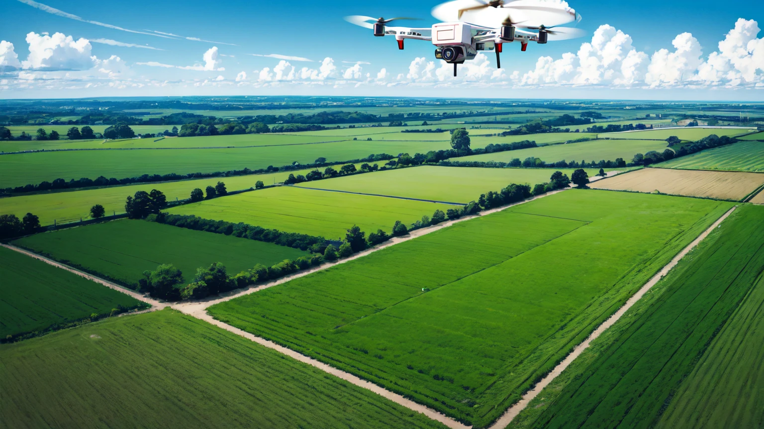 White Drone Flying above Field with a Village in the near
