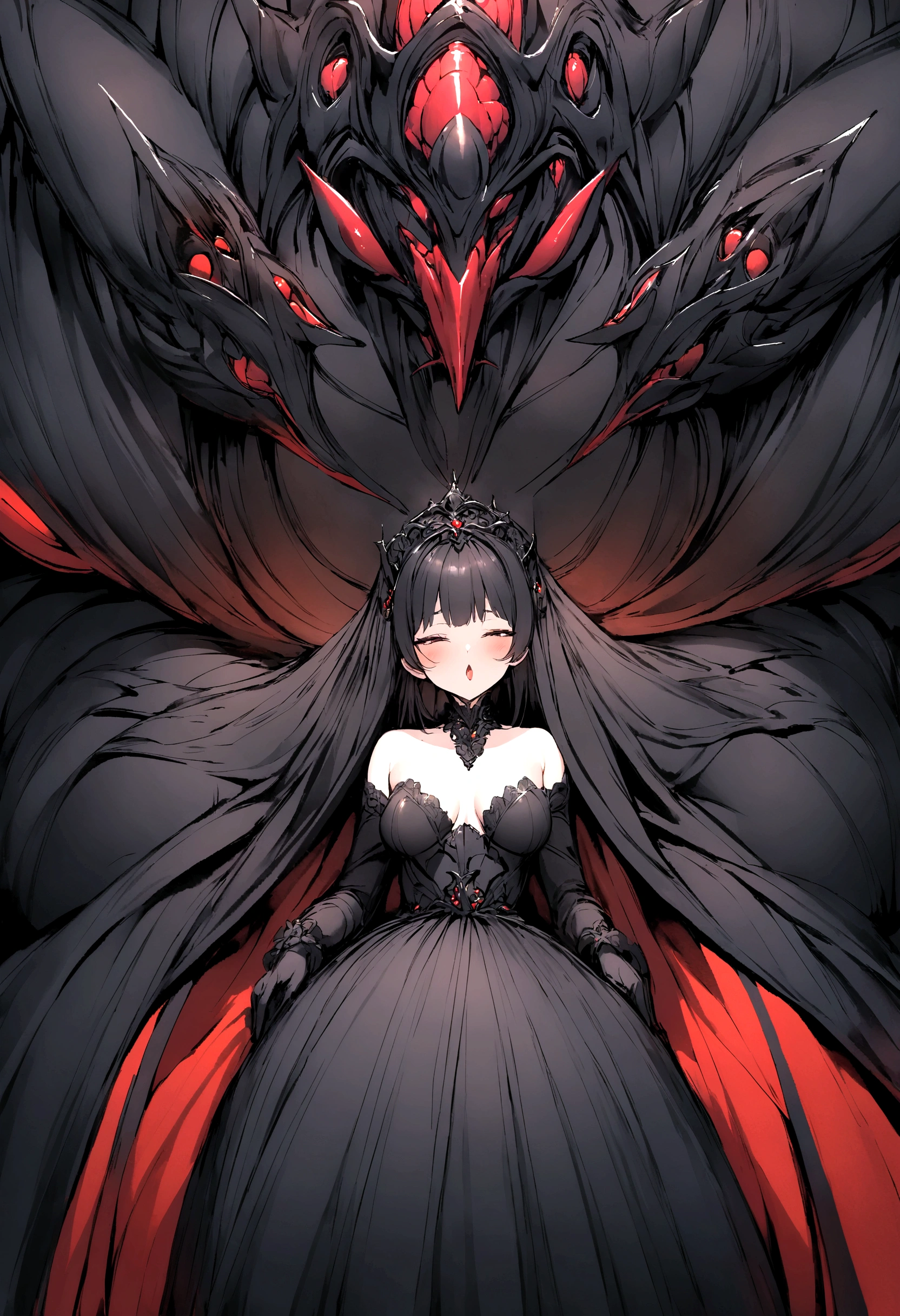 Woman in black with legs spread,Pull,On the stomach,The expression is ecstasy and spits out white mucus