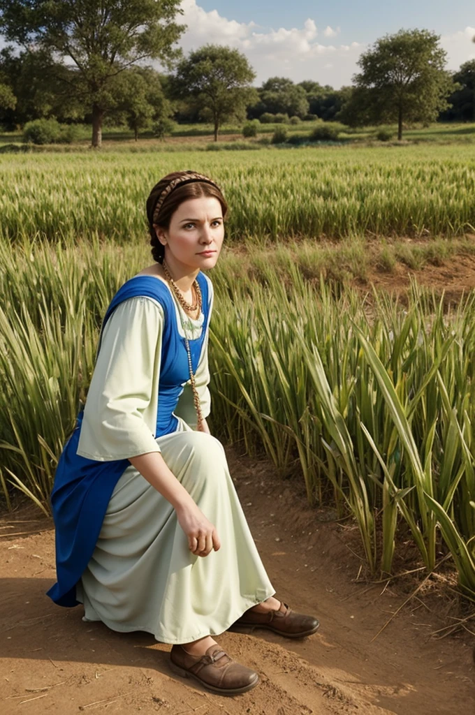 Create an image of Ruth, biblical character, while collecting tripo crouched in the Bozz field. Make other women after her doing the same.