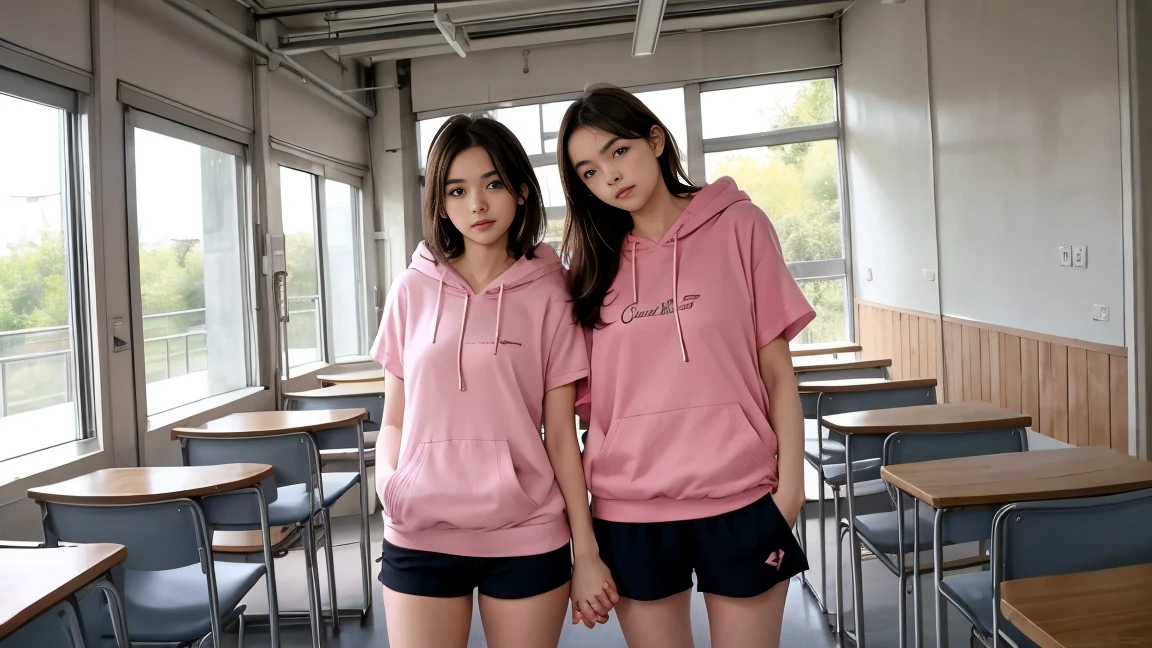 deux femmes ensemble de 18 ans sexy et mince , pink short sleeve hoodie , salle de classe, se touche,position sey,sensuel