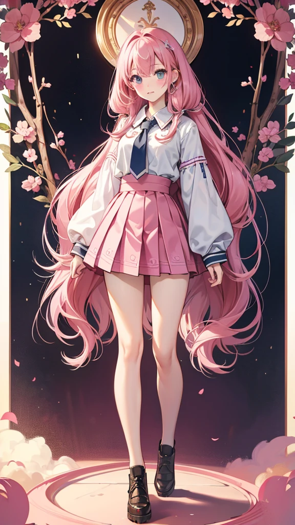 Highest quality、8K、masterpiece、high school girl、kawaii、Long Hair、Pink Hair、eight-headed body、Mature atmosphere、Model Body Type、Standing posture、Private Server、mini skirt、Full body portrait、blush