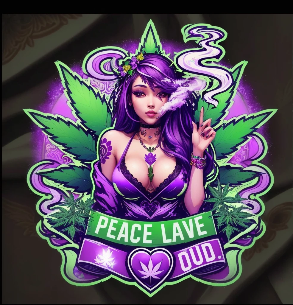 a woman with a marijuana leaf and peace love and bud, peace and love, marijuana themed, goddess of love and peace, personification of marijuana, some green and purple, purple haze, wearing a marijuana t - shirt, love peace and unity, # smokeweedeveryday, princess of cannabis, black light velvet poster, weed, weed background, purple and green