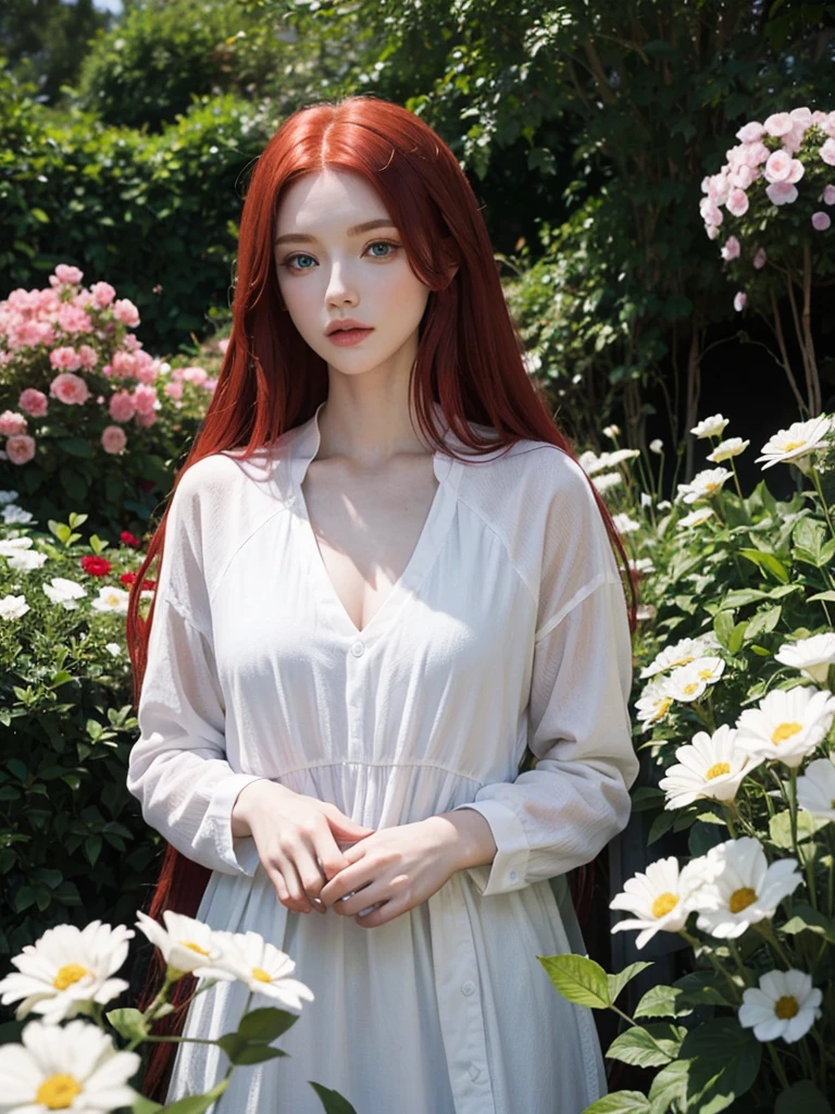 Long red hair, blue eyes, serious features, white skin, loose style, in a garden, with flowers 