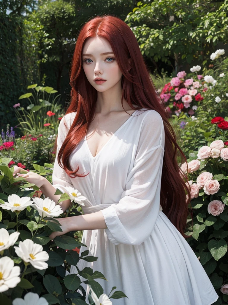 Long red hair, blue eyes, serious features, white skin, loose style, in a garden, with flowers 