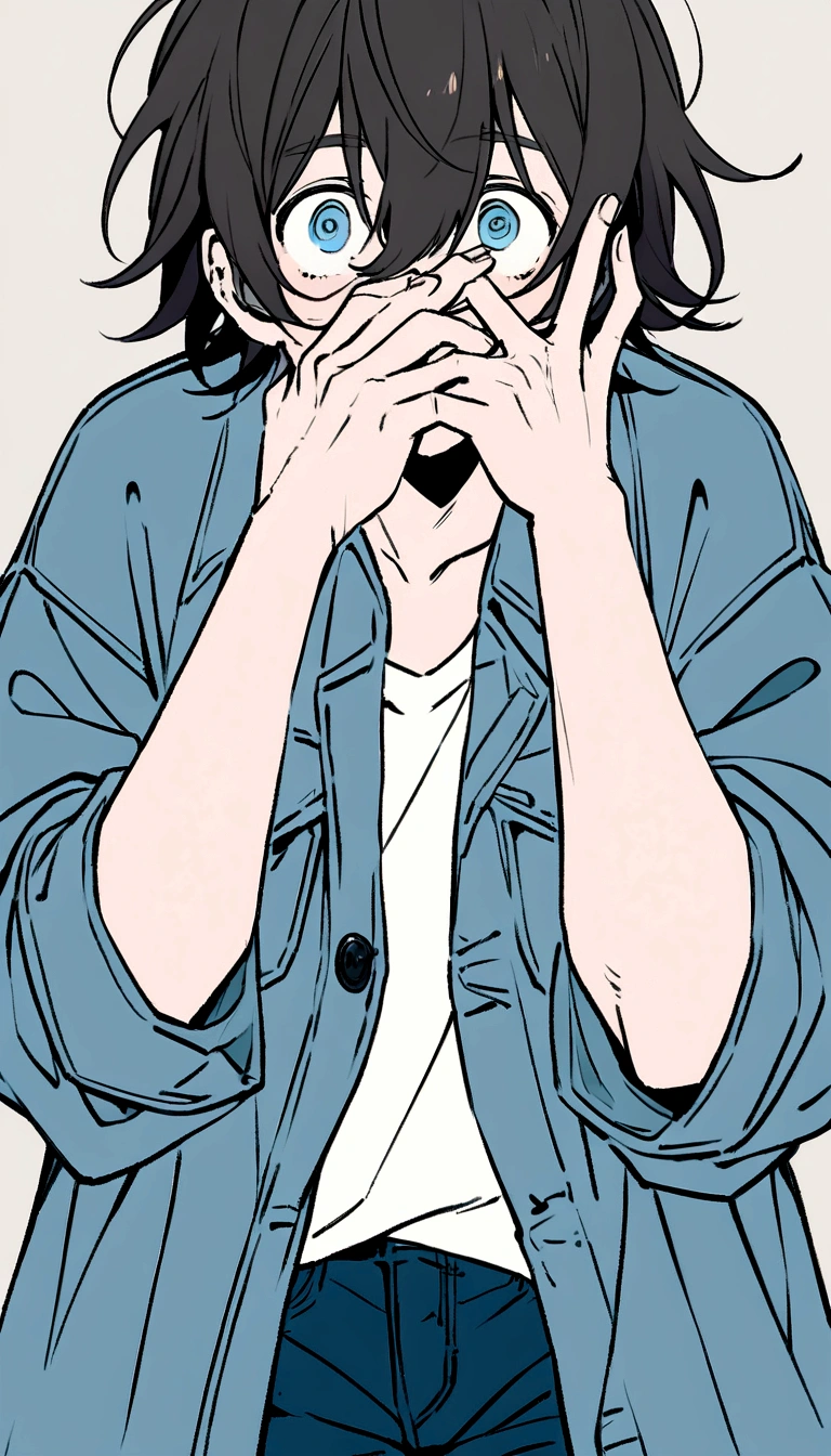 Create an anime-style illustration of a boy with short, slightly messy dark hair. He should be wearing an oversized blue denim jacket. The boy's expression should be one of surprise or shock, with wide eyes and his hands held up to his face, fingers spread apart. The background should be a plain, light grayish-blue color to keep the focus on the character. Ensure the drawing has a clean, detailed, and slightly pastel color palette to match the aesthetic of modern anime illustrations.