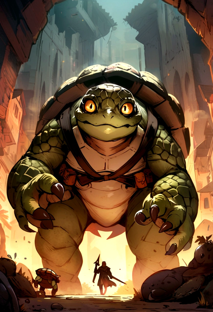 Friendly humanoid turtle monster with a black coat and a utility belt with potions and two daggers, Tortle, RPG, D&D, 1,79, withouth People