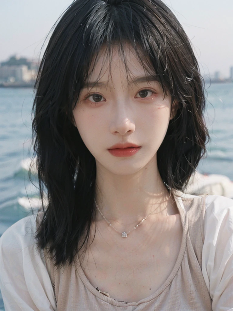 Film portrait photography, 1girls, Lipstick, （big chest：1.2）, Wear a necklace, Cute expression, Exquisite makeup, Vest, serene, calm, (Realistic and detailed eyes, Natural skin texture, Realistic facial details), Soft dramatic lighting, Vibrant details, Detailed and detailed, Surreal, 35mm film, hazy, outdoor, Seaside background, seaside, Depth of Field, Bokeh