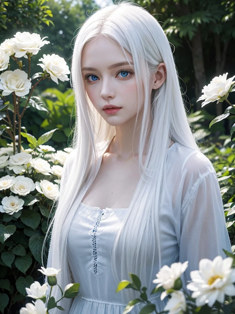 Long white hair, blue eyes, serious features, white skin, loose style, in a garden, with flowers