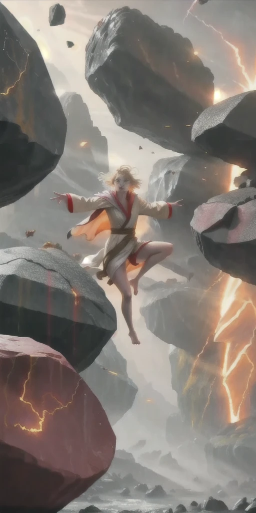 female barefoot summoner levitating with blonde hair robes and cape arms lifted up over a broken earth bright lava light from below asteroid field (jagged rocks boulders and debris shooting into the air:1.3) (windy dust debris storm:1.1) volumetric fog mist ray tracing z pass bright light from below, (masterpiece) (best quality) (detailed) (8k) (cinematic lighting) (sharp focus) (intricate)