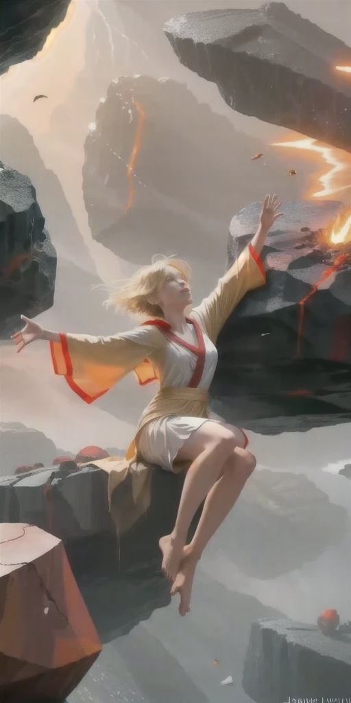 female barefoot summoner levitating with blonde hair robes and cape arms lifted up over a broken earth bright lava light from below asteroid field (jagged rocks boulders and debris shooting into the air:1.3) (windy dust debris storm:1.1) volumetric fog mist ray tracing z pass bright light from below, (masterpiece) (best quality) (detailed) (8k) (cinematic lighting) (sharp focus) (intricate)