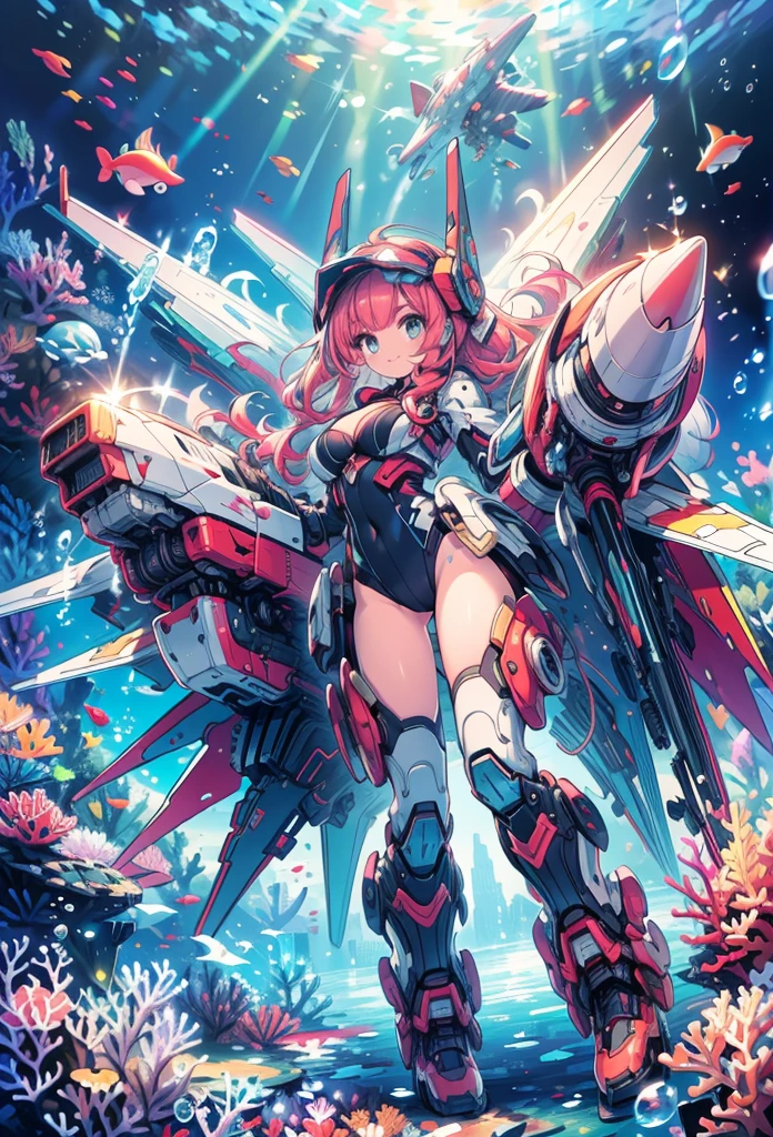 masterpiece, best quality, high resolution, extremely detailed CG, absurdres, highres, 1girl, solo, a girl in mech suit moving fast with rocket boosters under the sea,headgear,Thighs, cleavage,  jets, torpedo, arounded by bubbles, coral, red_hair,Colorful portraits