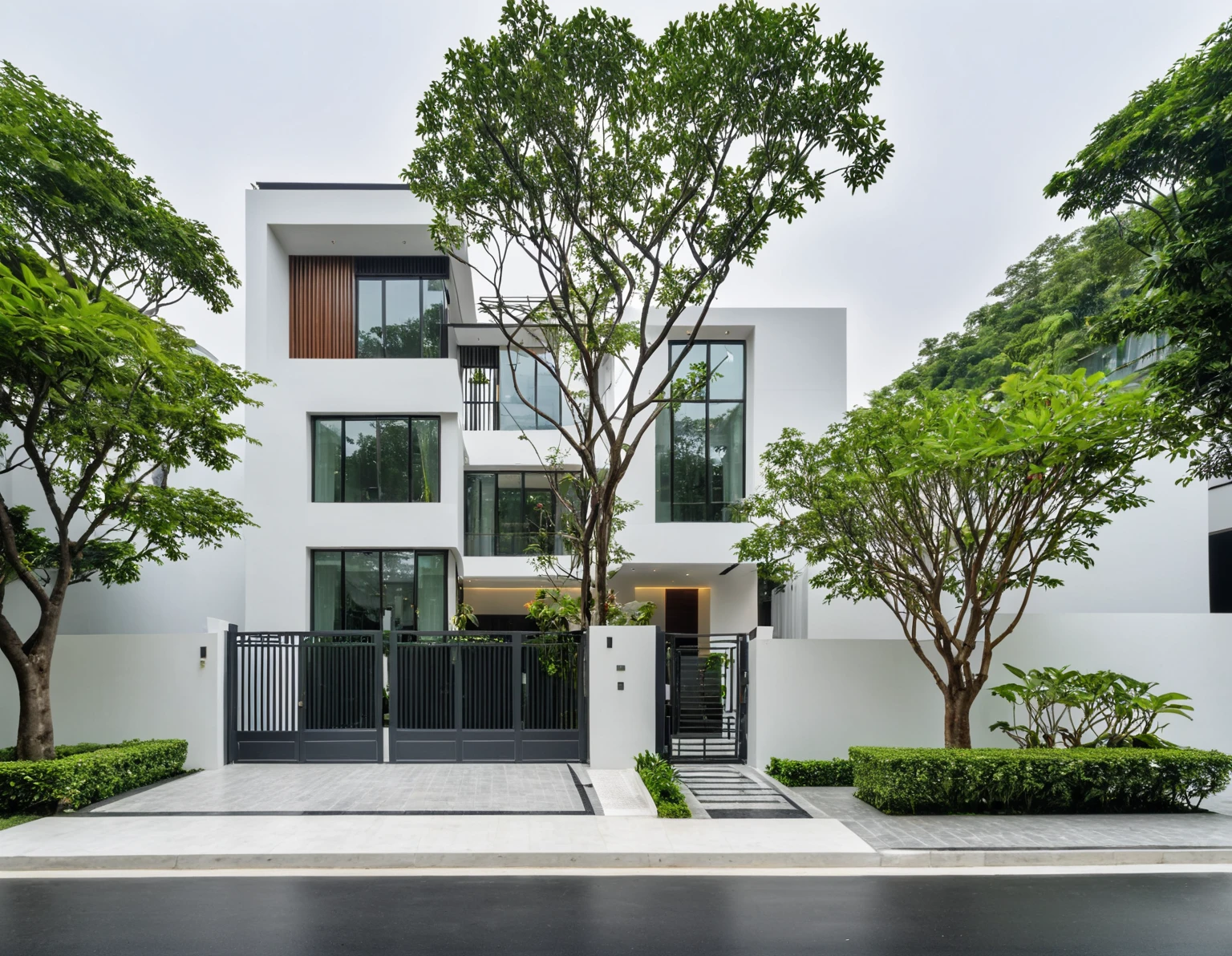 RAW photo, a photo of a modern villa, sidewalk, sidewalk trees, steel gate, road, viet nam modern residence, a car parked in front of it, rough white wall, new residential area, wide angle exterior 2022, contemporary house, exterior photography, masterpiece, contemporary architecture, overcast, indirect lighting