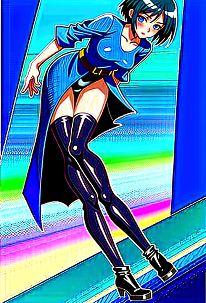 20 years old anime girl, with short dark blue hair to the shoulders, a serious yet tender expression, and bright light blue eyes. She dresses in an antique style, wearing a long dark blue skirt that reaches her knees, and small dark brown boots up to her ankles. Her white blouse is long-sleeved, covering her fingers slightly, and falls off one shoulder, leaving it exposed. She possesses water powers and has a water-themed background. 