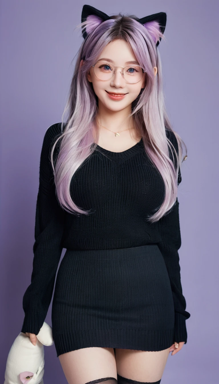 masterpiece, best quality, 1girl, ((looking at viewer)), lilac hair, purple eyes, long hair, ahoge, sweater, sweater skirt, pantyhose, 163cm, hair between eyes, large breasts, adult, 33 years old, mature, glasses, solo, sole, smile, cat ears, cat tail, fang, catgirl, animal ears
