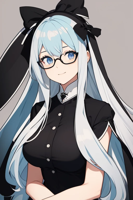 Young woman long white hair black headband black bow light blue eyes light blue dress glasses very happy