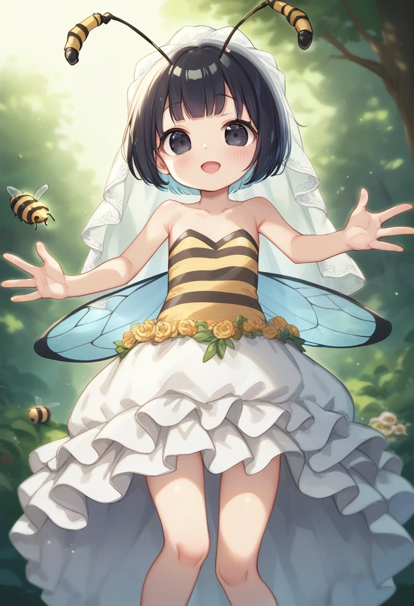 score_9, score_7_up, score_6_up, 1girl, source_cartoon, source_anime,breathtalking Scenery,watercolor,smooth soft skin, natural skin,rating_questionable
BREAK
(hornet girl:1.3), bee girl,(little female child:1.4), (loli:1.4),6 yo, kawaii,baby face,small breast, cute face,oily skin,beautiful eyes, detailed eyes,happy,
BREAK
(black bob cut:1.5),(yellow gradient hair:1.2),(yellow dip-dye hair:1.2),(black lob hair:1.2),ahoge,(nail_polish:1.1), black eyes,
BREAK
(bee antennae:1.3), (PVC material Extremely small bee wings:1.1), (invisible bee wings:1.1),
BREAK
(slender line wedding dress:1.3),(silk veil:1.3),high heel,silk cape,(blush:0.8),pierce,frill,layered dress,
BREAK
open arms for viewer,In a secluded setting, reaching out, outstretched arms,surrounded by a dense forest, the bog lay hidden like a secret gem, its misty surface whispering tales of ancient times,dynamicangle,