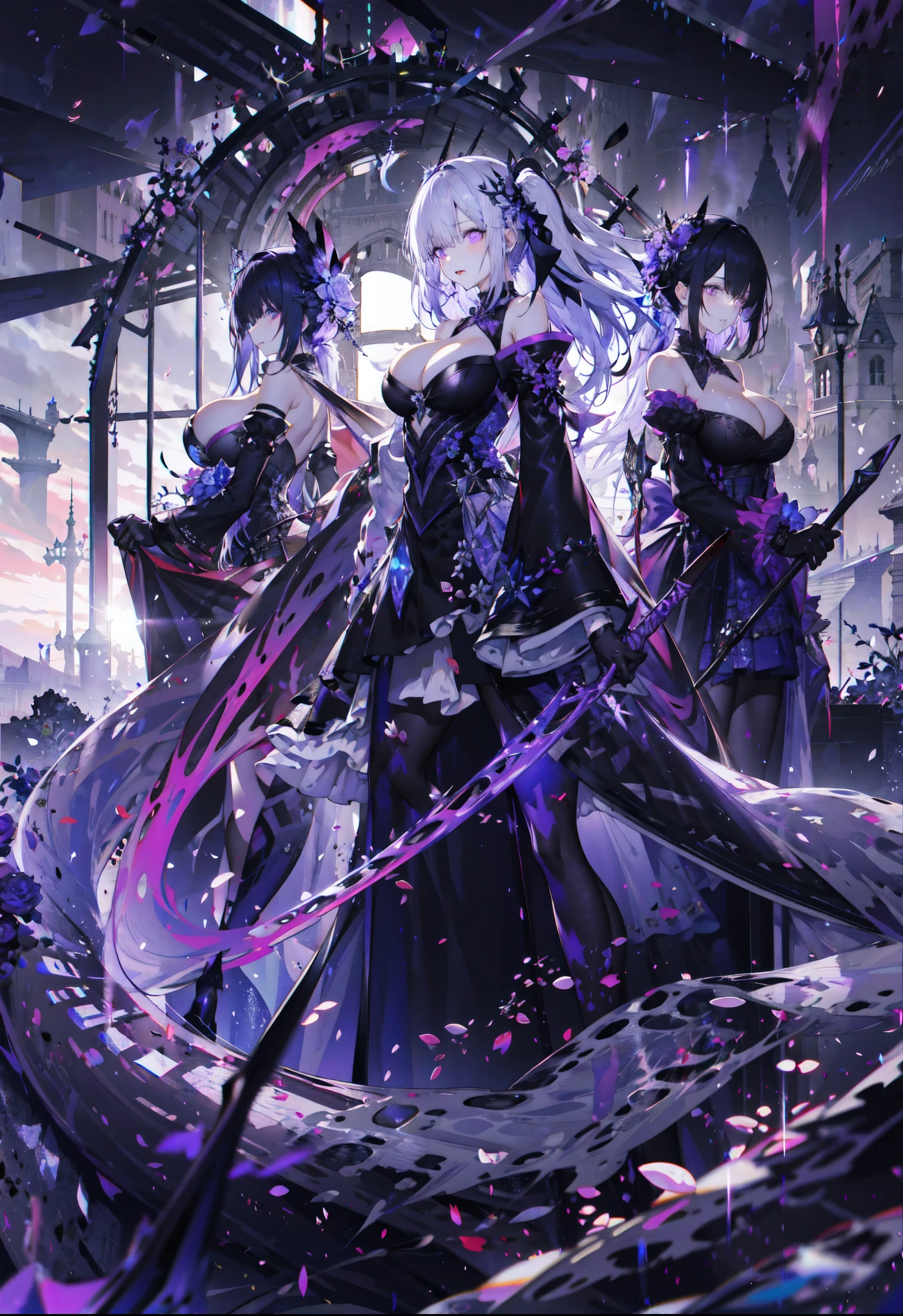 ((masterpiece:1.4,best quality)),(Super detailed),(Extremely detailed eyes),(Shiny socks:1.5),Hello Darkness
(Cute girls),,(Blood-red pupils,Diamond-shaped pupil:1.15),Purple Eyeshadow,(elongated hair,Thick hair,Single ponytail,shiny hair:1.5)(Changes through:1.2),despair,sad,Empty eyes,tears streaming down my face,tilting its head to the side,
(She wore a blue dress,:1.5),(Black gloves:1.4)Very long plush sleeves,White,White Cloud,Dream bubbles ,Ice and glitter effects
(Black long skirt:1.1),
((Starry Sky:1.2)),
(Intense black and white:1.16),(Depth of Field:1.4),,Intricate details,(((Detailed background,Castle in the Sky,Purple flowers by the lake))),(((Huge breasts,Bare breasts,Deep cleavage,White stiletto high heels,Transparent clothes)))